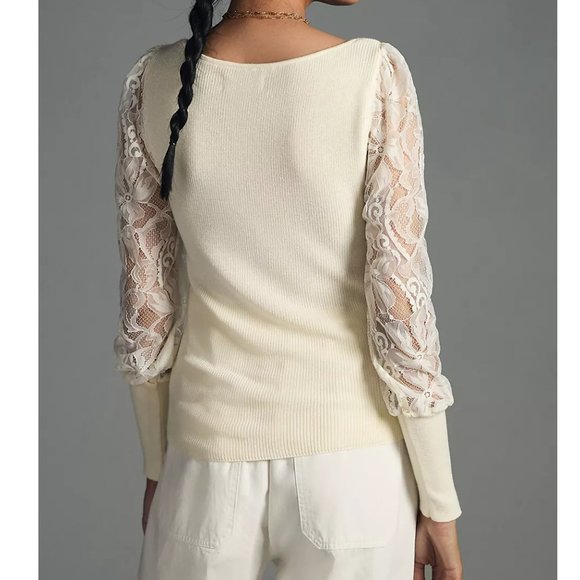 By Anthropologie Lace-Sleeve Sweater Blouse Ivory Cream White - Large - Picture 2 of 10